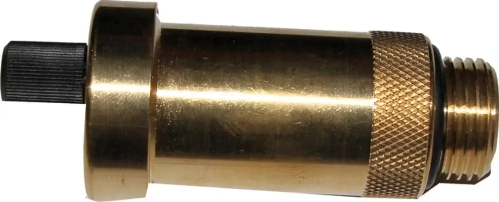 Automatisches Entlüftungsventil aus Messing mit schwarzem Betätigungshebel. Geeignet für Heizungssysteme, erkennbar an der Marke Wolf. Anschlussgewinde sichtbar.